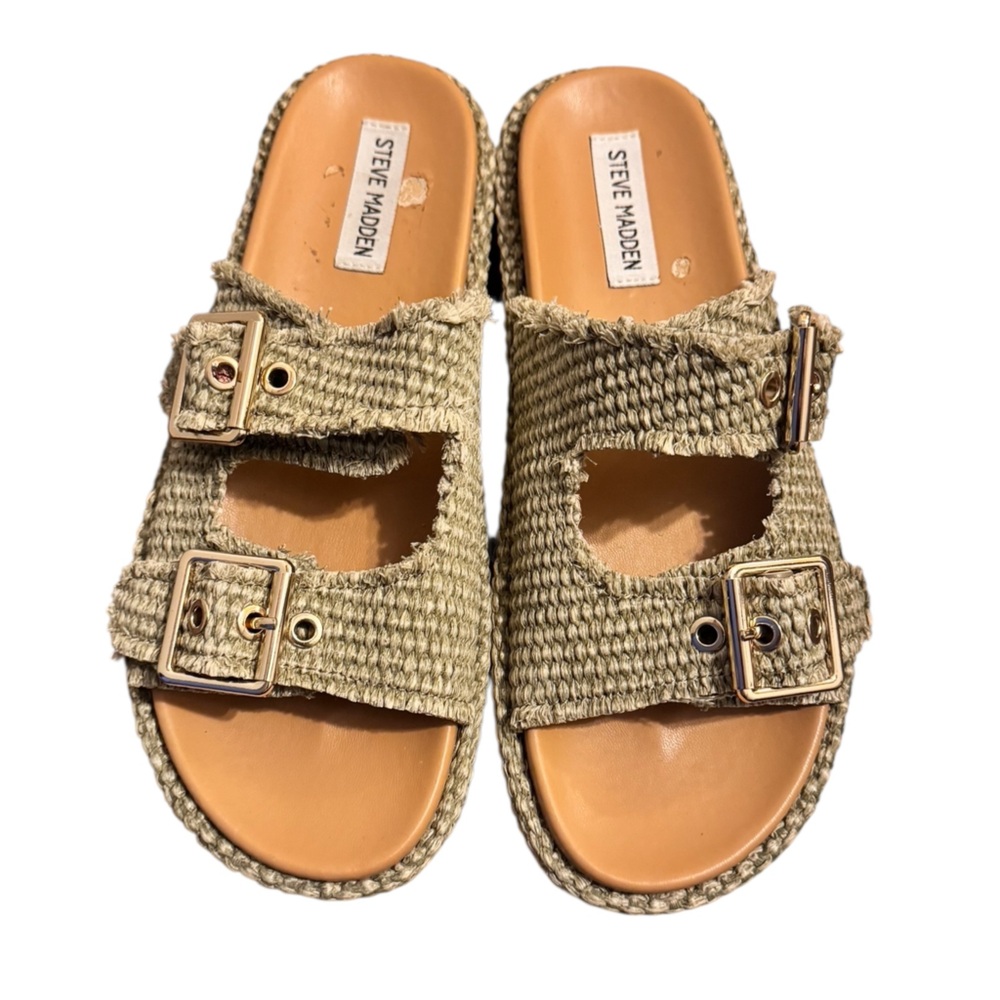 Steve Madden Karrigan Light Olive Raffia Sandals Size 9 - Picture 2 of 14